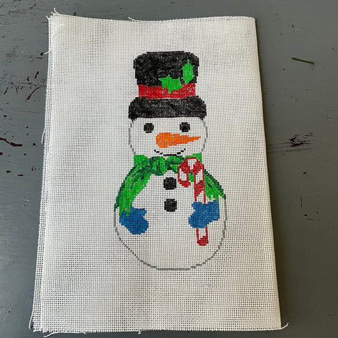 Snowman in top hat and scarf holding a candy cane front & back needlepoint canvas 6 by 3 inches