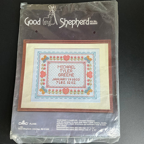 Good Shepherd Your Baby's Sampler 803502 vintage 1984 counted cross stitch kit 14 count AIDA DMC floss