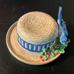 Fitz & Floyd Beautiful Blue Bird on a floral banded summer hat vintage decorative trinket dish