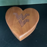 Wonderful WV West Virginia University logo burned into heart shaped blue felt lined wooden jewelry/trinket box