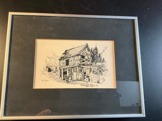 PE Gray Rustic Bank Barn Sketch vintage 1978 in aluminum frame 8.5 by 6.5 inches