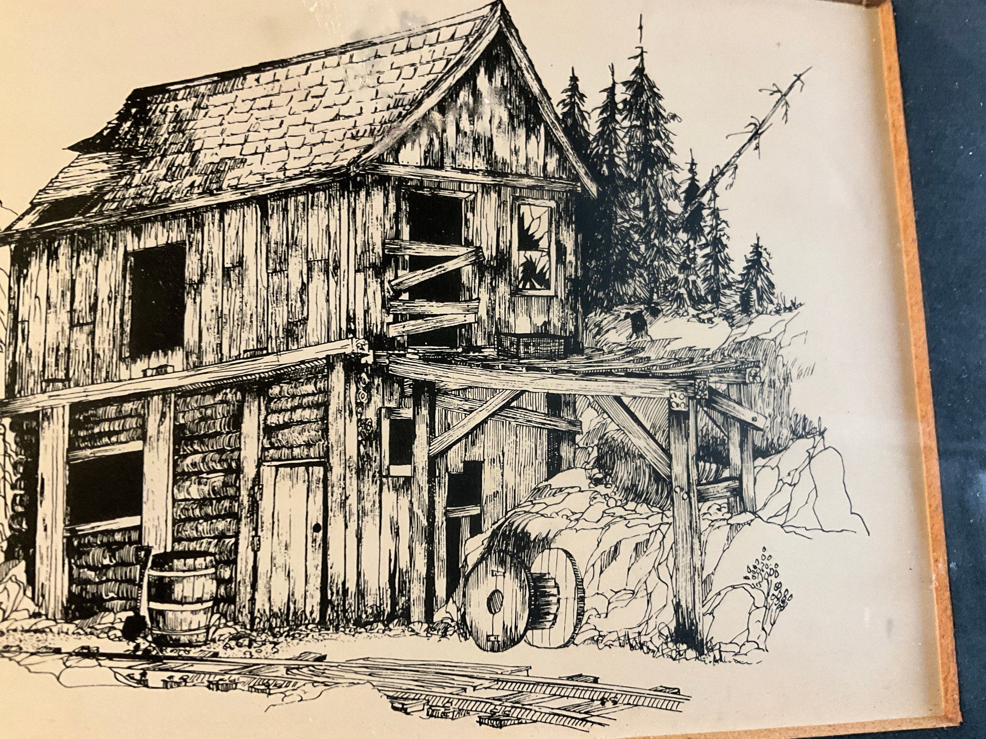 PE Gray Rustic Bank Barn Sketch vintage 1978 in aluminum frame 8.5 by 6.5 inches