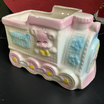 Beautiful Babyland Express teddy bear driving a choo-choo train nursery container/planter figurine