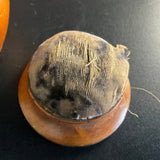 Wonderful wooden pincushion lidded round vintage needlecraft keepsakes box