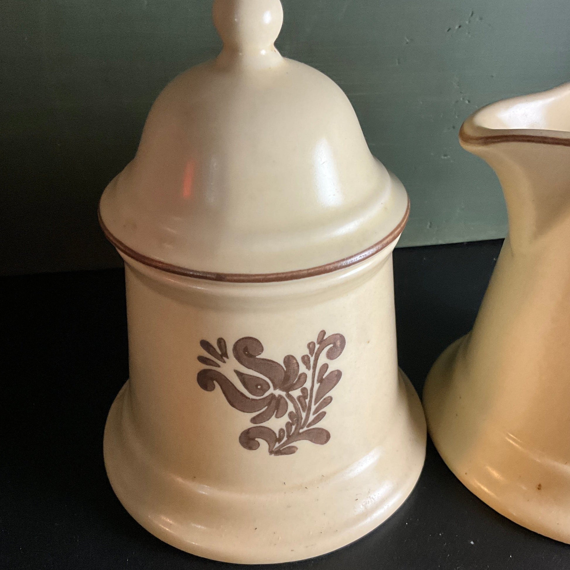 Pfaltzgraff Village pattern vintage creamer and sugar with lid