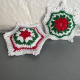 Snowflakes Pair White Red and Green Hand Crocheted Vintage Christmas Ornament