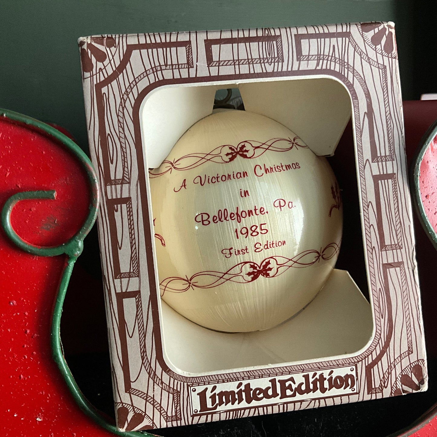 Bellefonte Victorian Christmas depicting Bellefonte, Pa. train station 1889 dated 1985 ball ornament