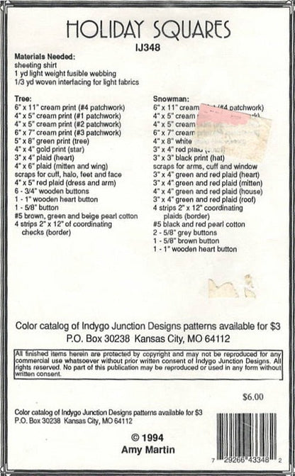 Indygo Junction Holiday Squares IJ348 Vintage1994 Pattern For Two Shirt Appliques