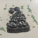 Merry Christmas Silver Tone Ornament Featuring a boy and girl bear, Vintage 1986