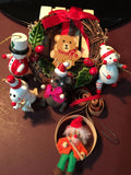 Wooden Christmas Ornaments Vintage set of 6 ornaments with Christmas wreath, mice soldier etc.