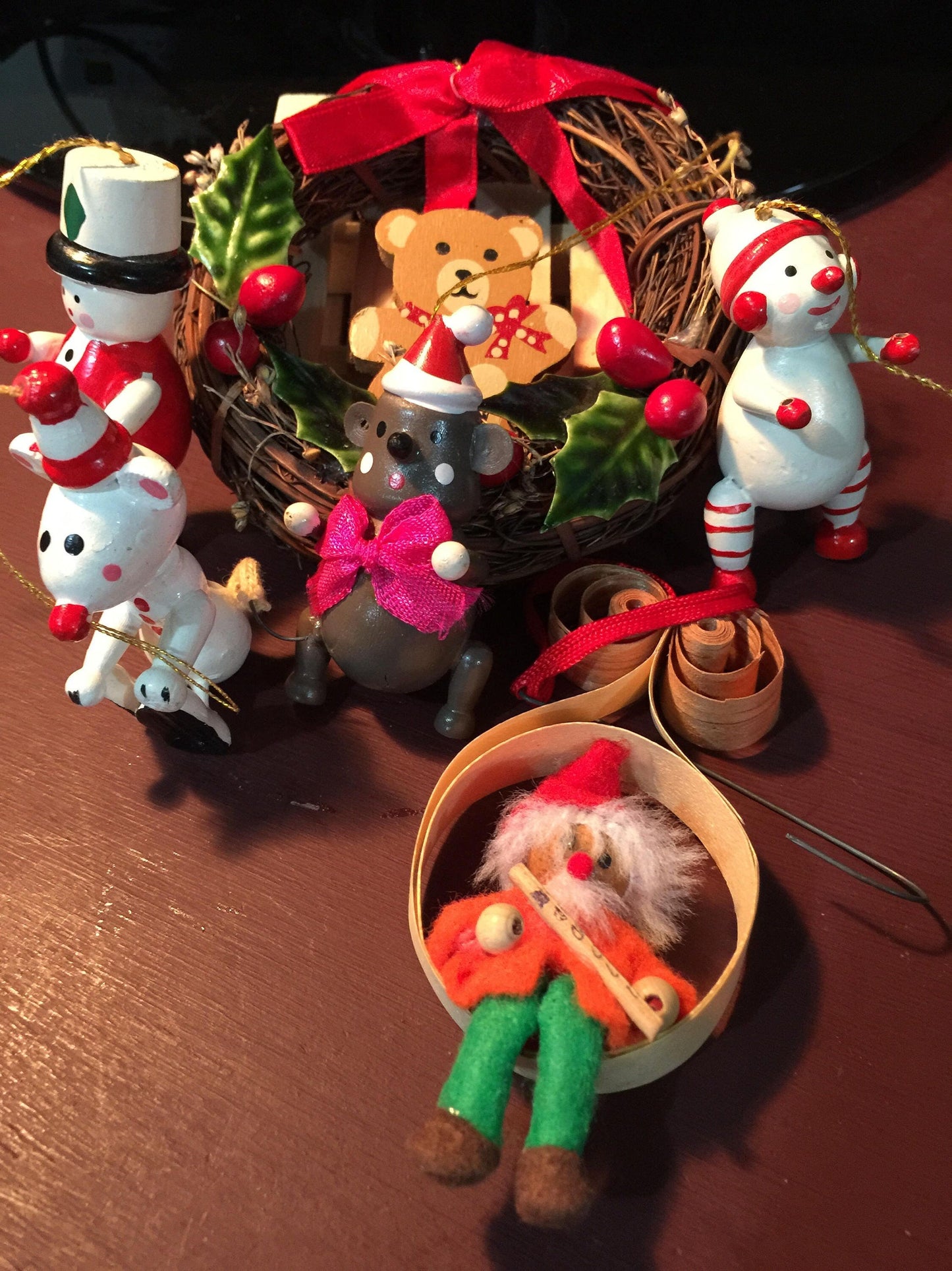Wooden Christmas Ornaments Vintage set of 6 ornaments with Christmas wreath, mice soldier etc.