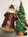 Resin Ornaments Vintage Set of Two Santa with Bird House, Santa with Christmas Tree