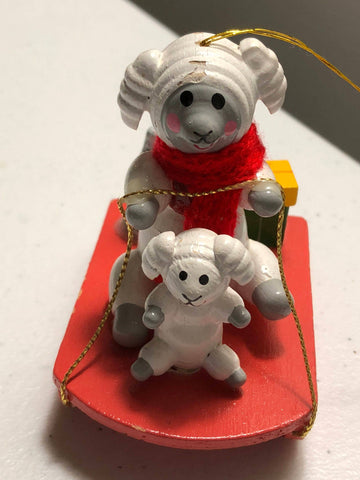 Wooden Mommy and Baby Sheep on a Sled with Christmas Packages Ornament Vintage Christmas Ornament
