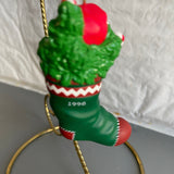 Hallmark Teddy Bear Santa Holding a String Of Metal Bells In A stocking Dated 1996 Christmas Ornament
