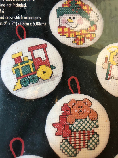 Bucilla, Gallery of Stitches, Yuletide Memories, Vintage 1996, Cross Stitch, Ornaments Kit, 2 by 2 Inches