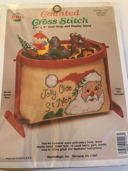 NMI Needle Magic Inc Vintage Counted Cross Stitch Jolly Old St. Nick oval hoop and display stand kit