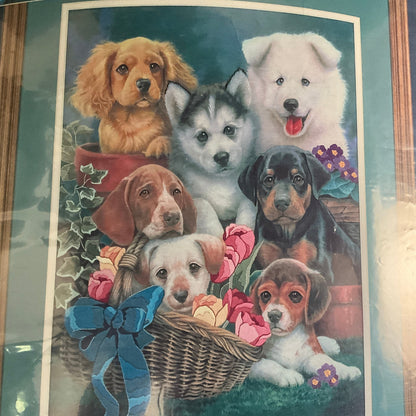Sunset Loving Puppies 11123 on printed fabric cross stitch kit 12 by 16 inches