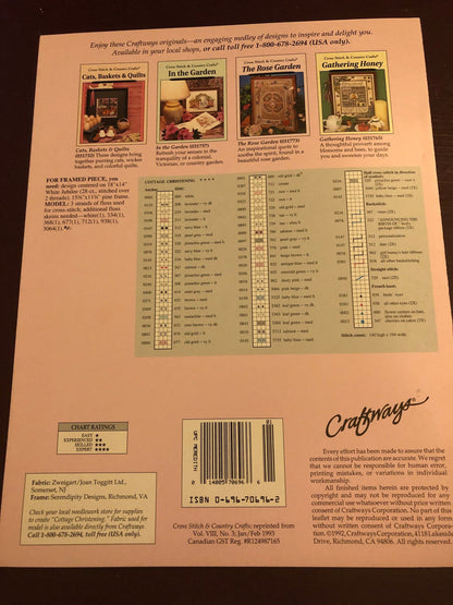 Better Homes and Gardens, Cross Stitch & Country Crafts, Cottage Christening, Lorri Birmingham,  Vintage 1993, Counted Cross Stitch Chart