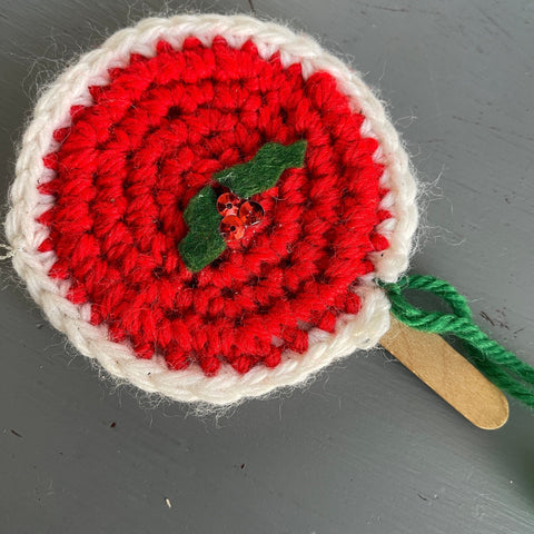 Lollipop On a Wooden Stick Hand Knitted Christmas Ornament