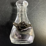 Pretty pewter 3D Rose on nice pinched clear glass mini bud vase vintage collectible
