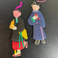 Asian couple artwork fabric and paper set of 2 vintage Christmas ornaments