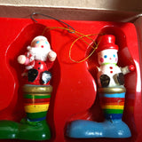 Santa, Boy with Gift, and Snowman all in Stockings, Set of 3 wooden Hand Painted Vintage 1984 Christmas Ornaments