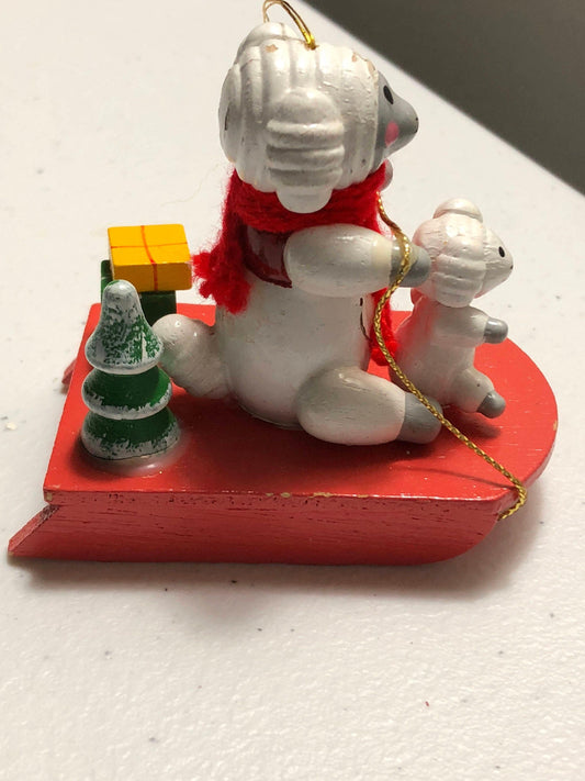 Wooden Mommy and Baby Sheep on a Sled with Christmas Packages Ornament Vintage Christmas Ornament