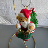 Hallmark Teddy Bear Santa Holding a String Of Metal Bells In A stocking Dated 1996 Christmas Ornament