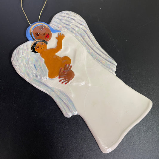 Angel holding Angel child 7 inch tall painted and glazed ceramic vintage ornament