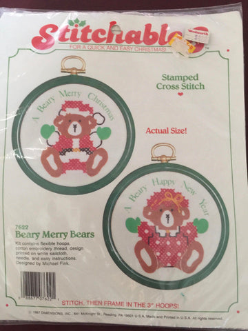 Stitchables &quot;Beary Merry Bears&quot; Vintage 1987 Stamped counted cross stitch kit