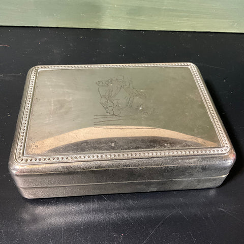 Racing Horse and Jockey Engraved chrome metal blue velour lined dresser box vintage collectible jewelry trinket box 5 by 4 inches