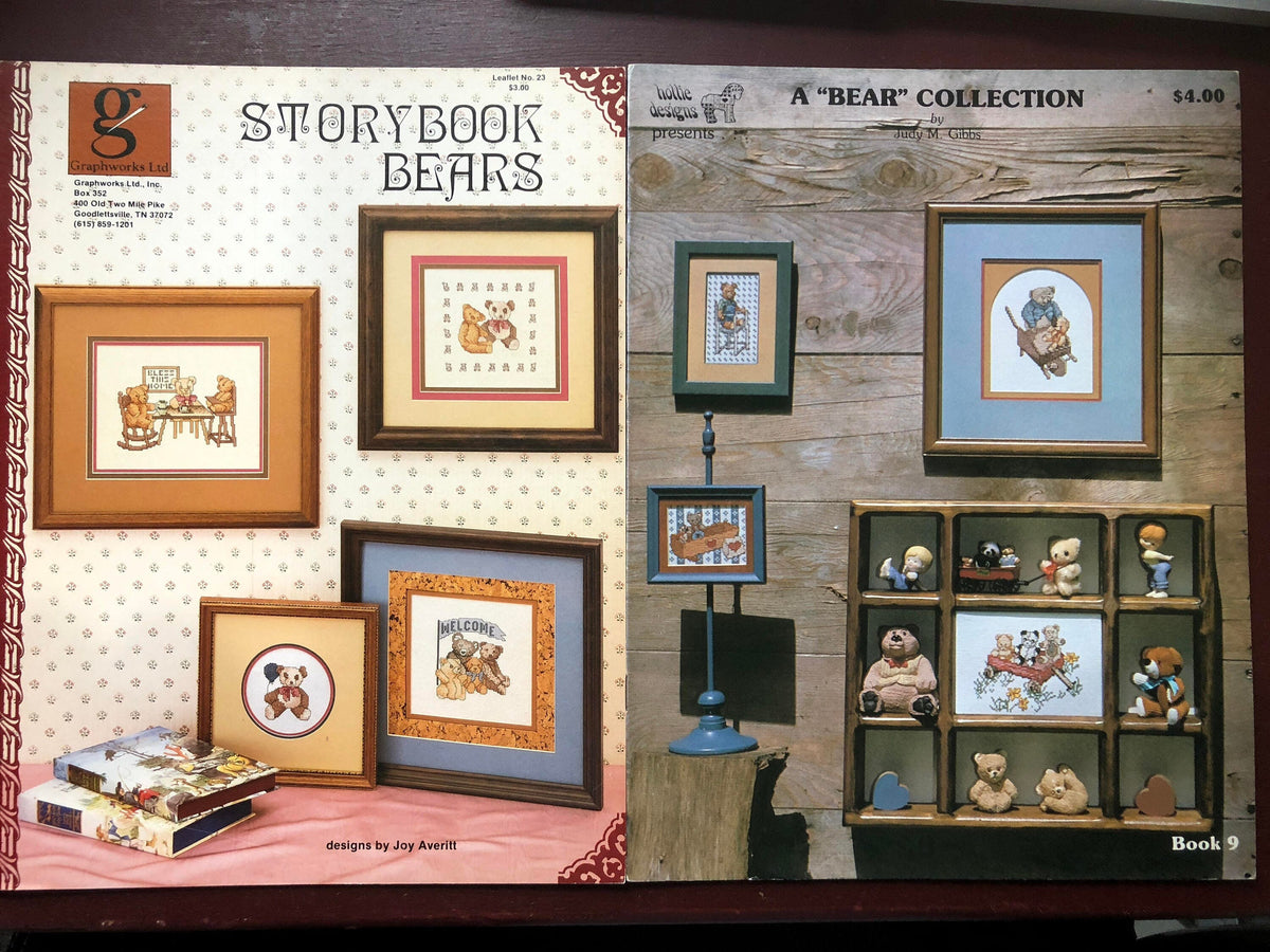 A "Bear" Collection, 1984, and, Storybook Bears, 1985, Set of 2, Vintage, Bear Theme, Counted Cross Stitch, Pattern Books