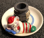 Avon, Snuggly Mouse in Stocking By The Pot Belly Stove, Vintage 1983, Candle Holder