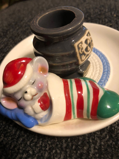 Avon, Snuggly Mouse in Stocking By The Pot Belly Stove, Vintage 1983, Candle Holder