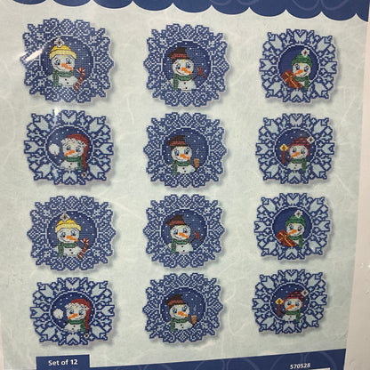 Herschners Snowflake Snowmen set of 12 Ornaments 14 count plastic canvas kit