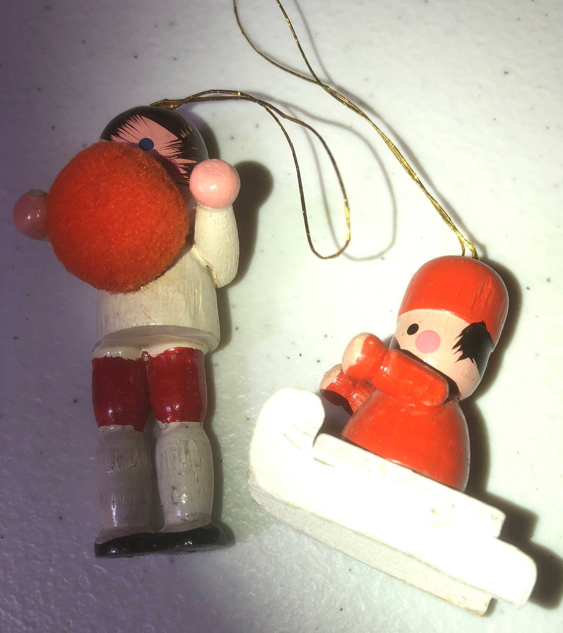 Wooden, Boy with Basketball & Boy on Sled, Set of 2, Vintage, Christmas, Ornaments