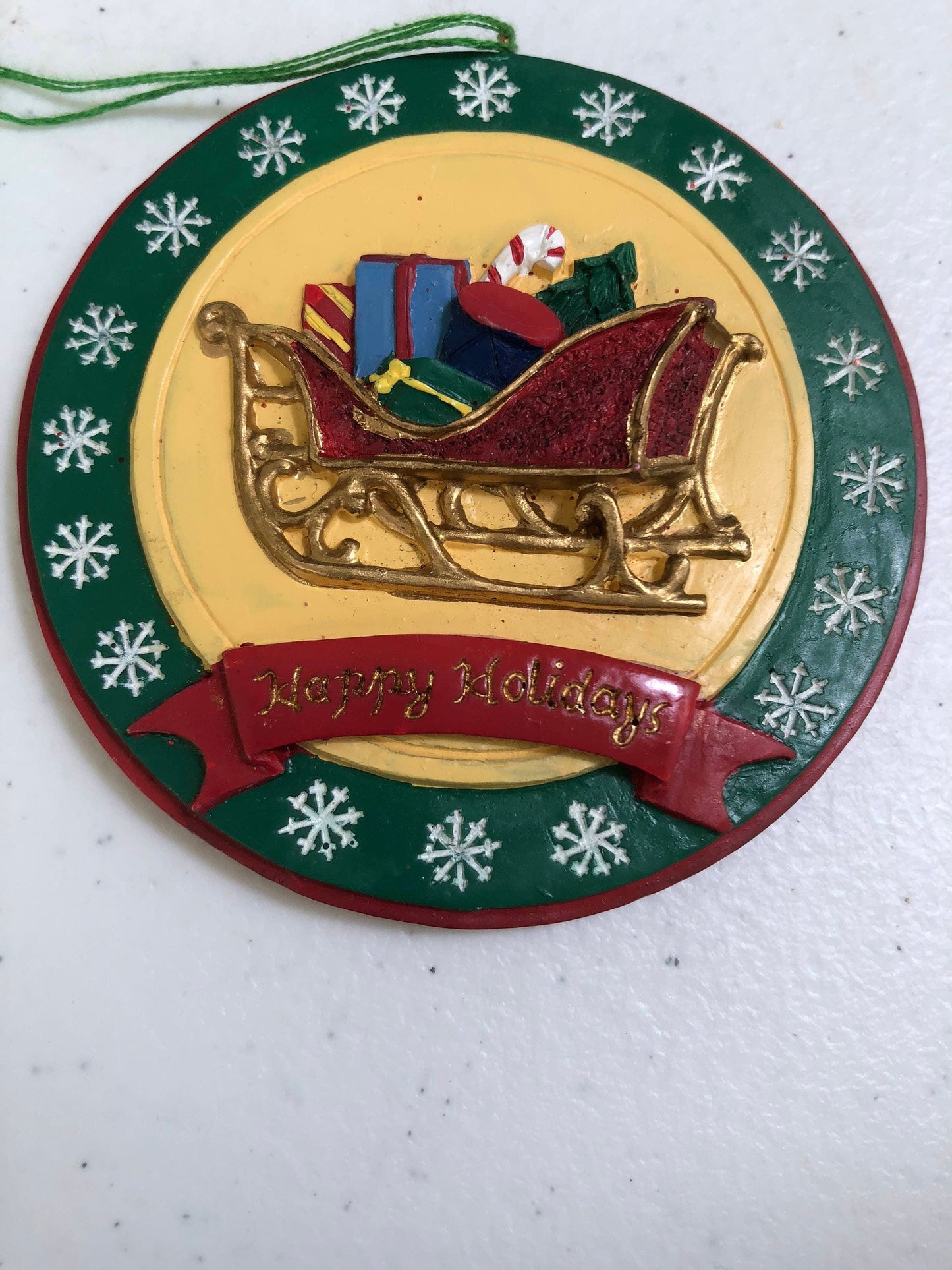 Santas Sleigh Full of Presents, &quot;Happy Holidays&quot; Vintage, Resin, Christmas Tree Ornament