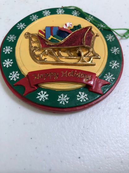 Santas Sleigh Full of Presents, &quot;Happy Holidays&quot; Vintage, Resin, Christmas Tree Ornament