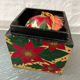 Pretty Poinsettia ornament with matching wooden storage cube, vintage collectible ball ornament