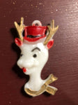 Reindeer Wearing a Christmas Hat & Scarf, Small Plastic, Vintage Christmas Ornament