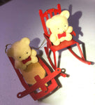 Flocked Bears, on Metal, Red Chair, and Sled, Set of 2 Vintage Christmas Ornaments