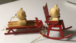 Flocked Bears, on Metal, Red Chair, and Sled, Set of 2 Vintage Christmas Ornaments