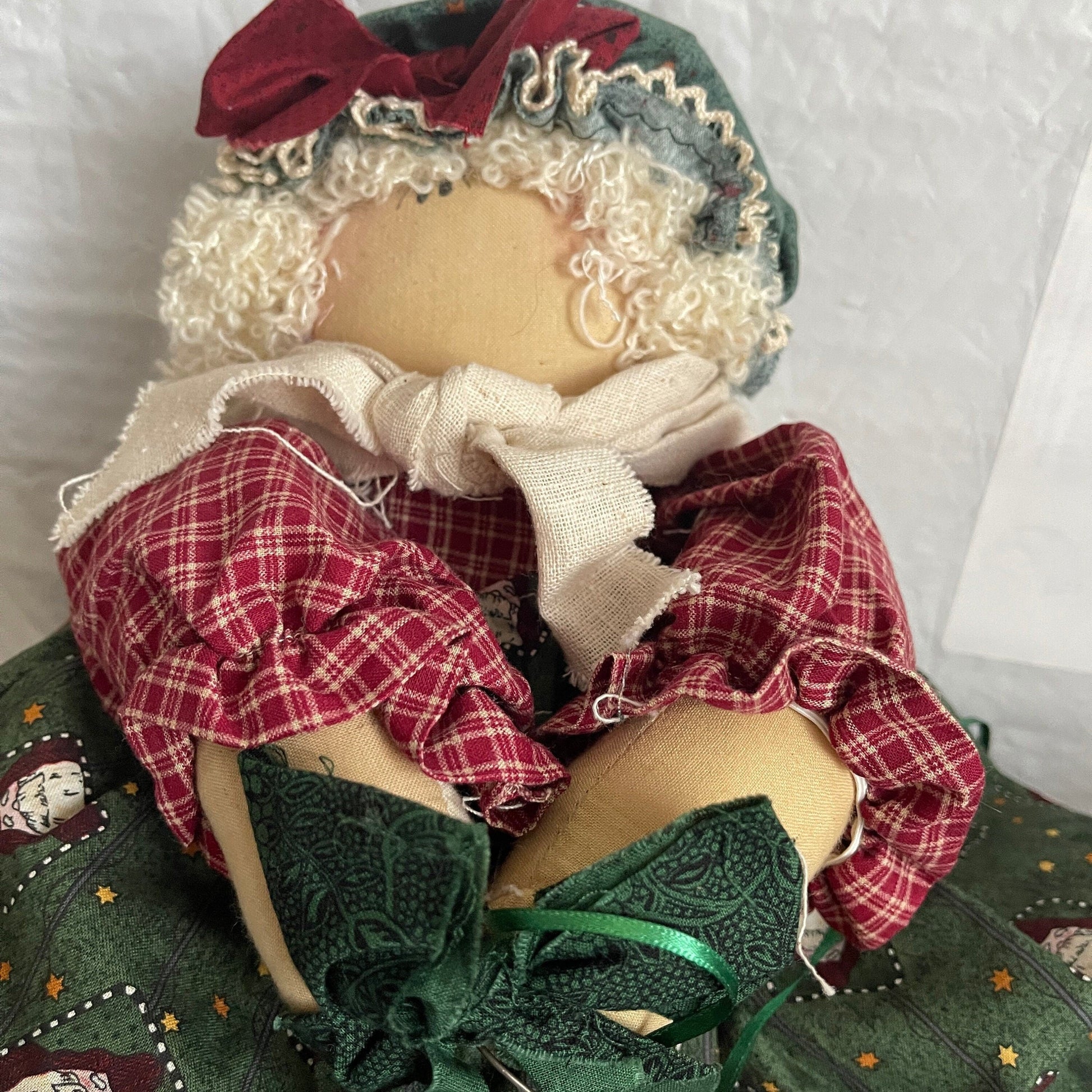 Primitive Hand Made Christmas Rag Doll Holding a Wooden Stocking Ornament 17 Inches Tall