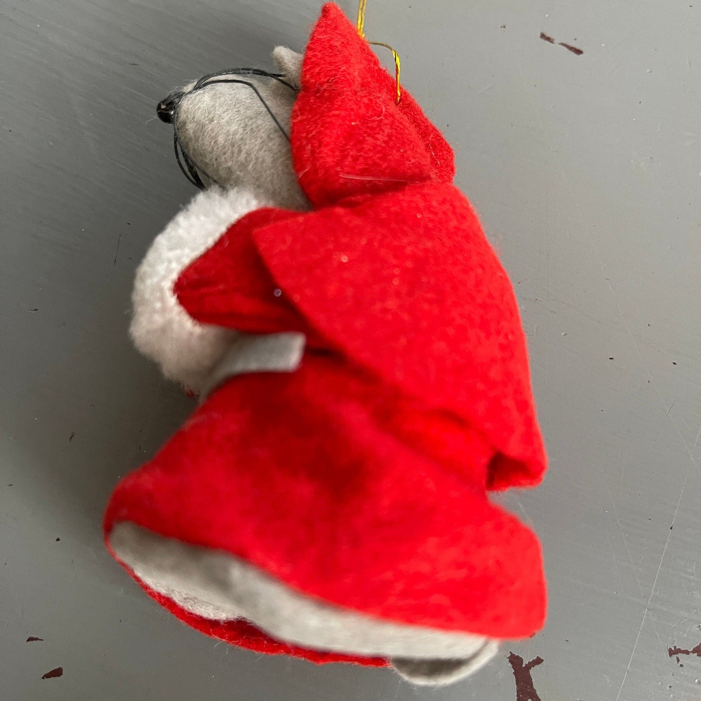 Pretty Little Lady Mouse In Red Bonnet and Coat with White Hand Warmer Vintage Felt Christmas Ornament