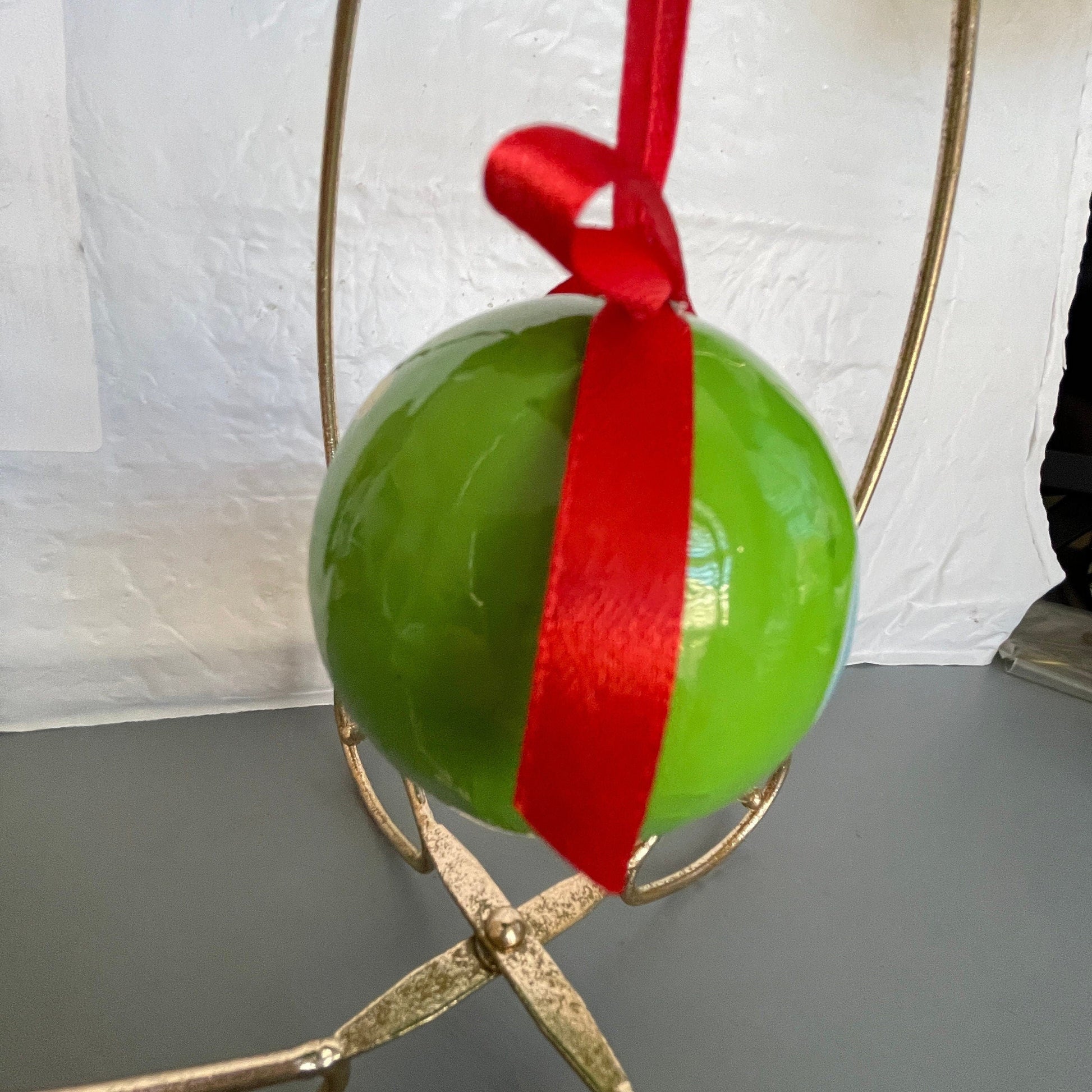 Dad Elf Green Plastic Ball Ornament with Red Ribbon Hanger Vintage Christmas Tree Ornament