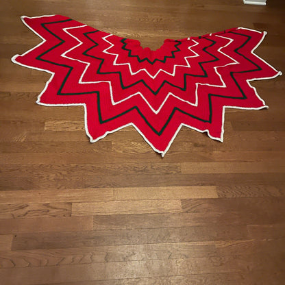 Absolutely Beautiful Hand Knitted Christmas Tree Skirt Red with White and Green Accents 84 By 42 Inches!