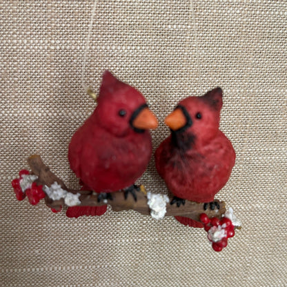 Cute Cardinal Couple sitting on a tree branch vintage Christmas ornament