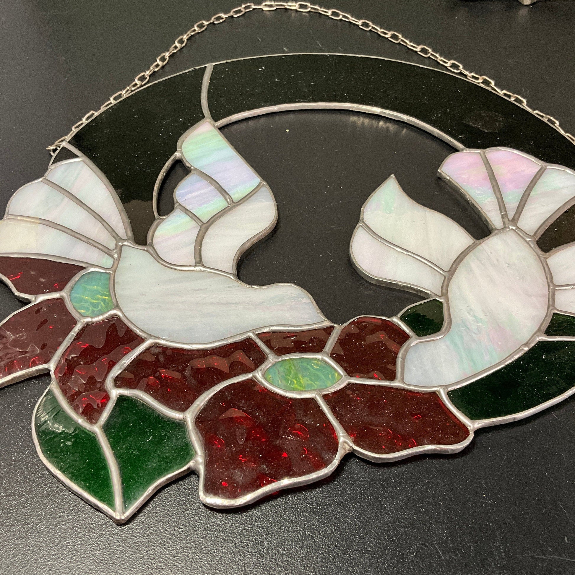 Lovely leaded stained glass love birds and poinsettias wreath large vintage window decor sun-catcher with hanger chain