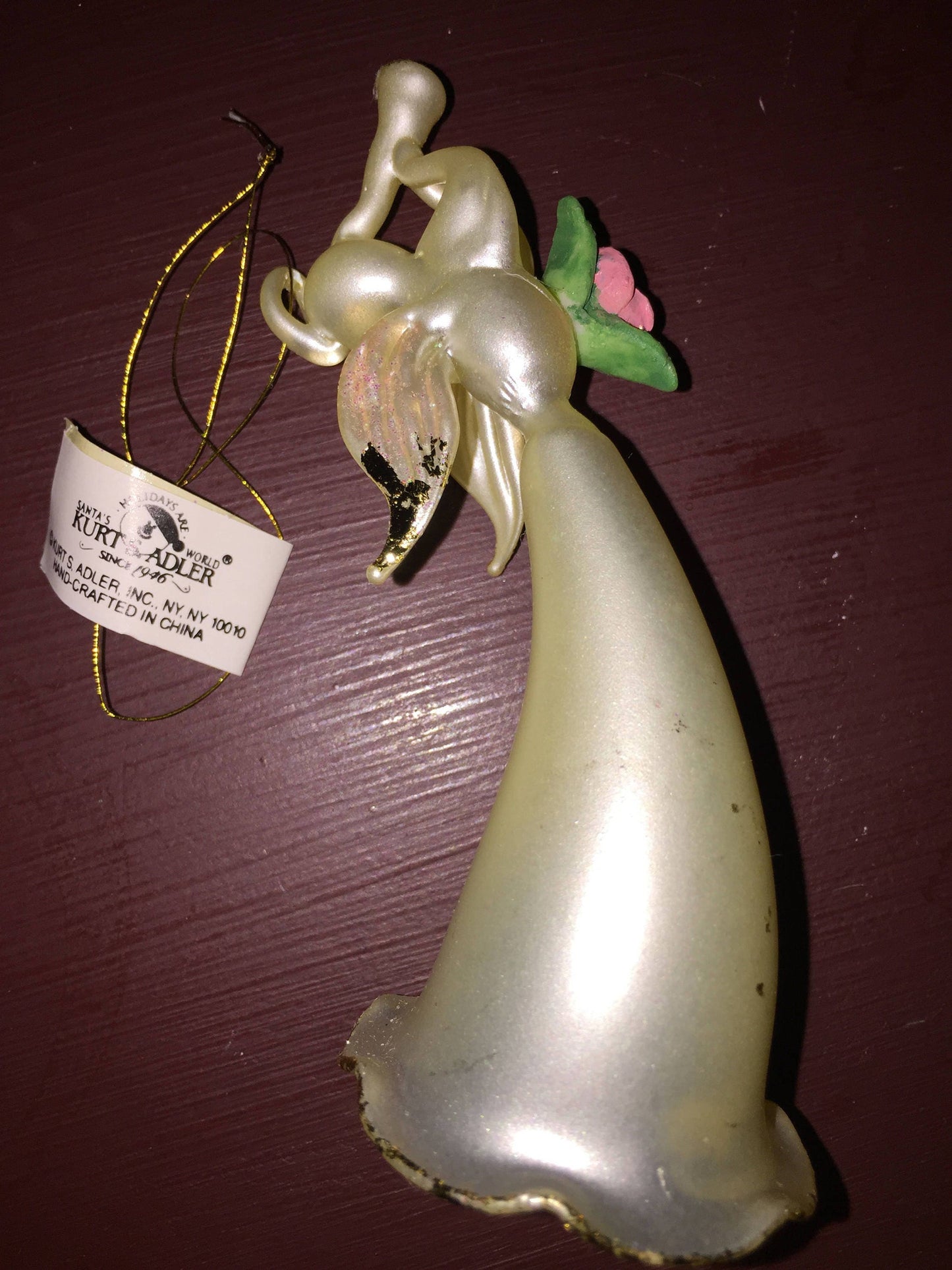 Trumpeting Angel with a Rose Vintage glass ornament by Kurt S. Adler with original box