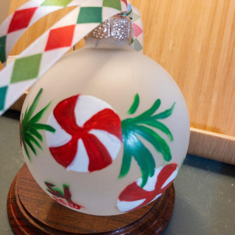 Peppermint Candy, Hand Painted, red, white and green, Glass Ornament